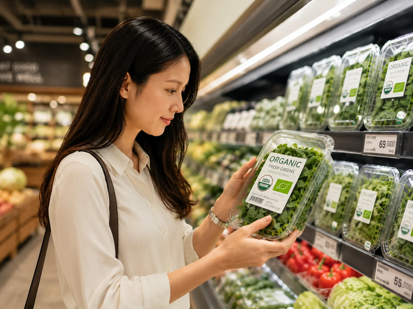 Người tiêu dùng kiểm tra chứng nhận hữu cơ quốc tế trên bao bì thực phẩm.