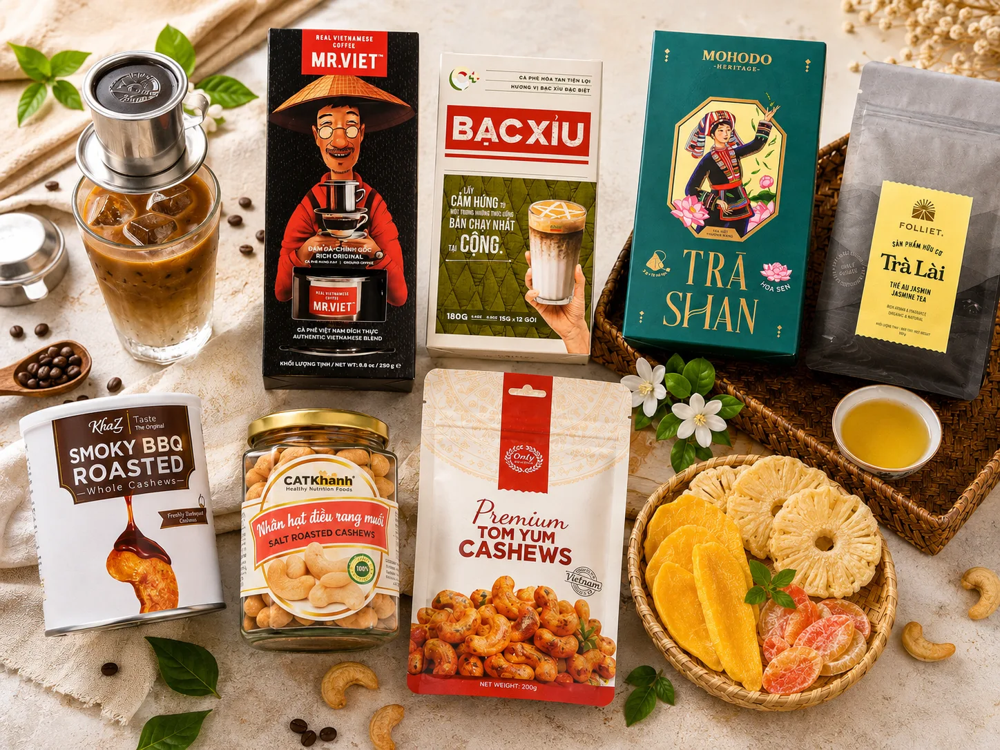 Vietnamese specialties as gifts including coffee, tea, cashews and dried fruit.