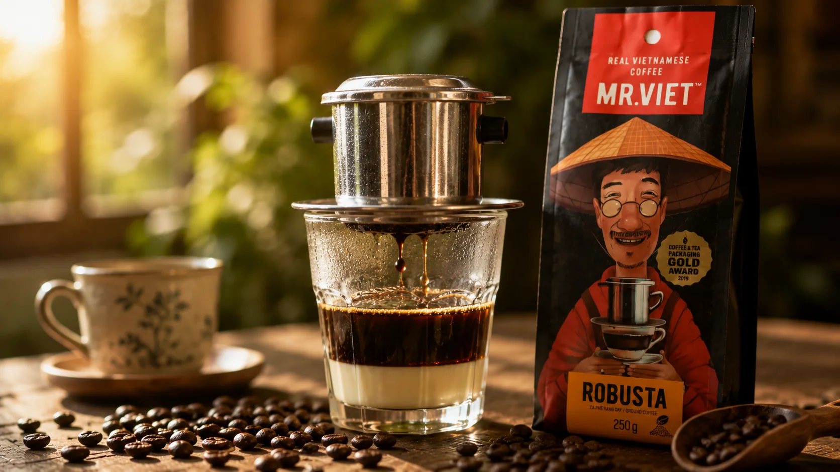 Traditional Vietnamese robusta coffee brewing slowly in a metal phin filter, a highly recommended souvenir