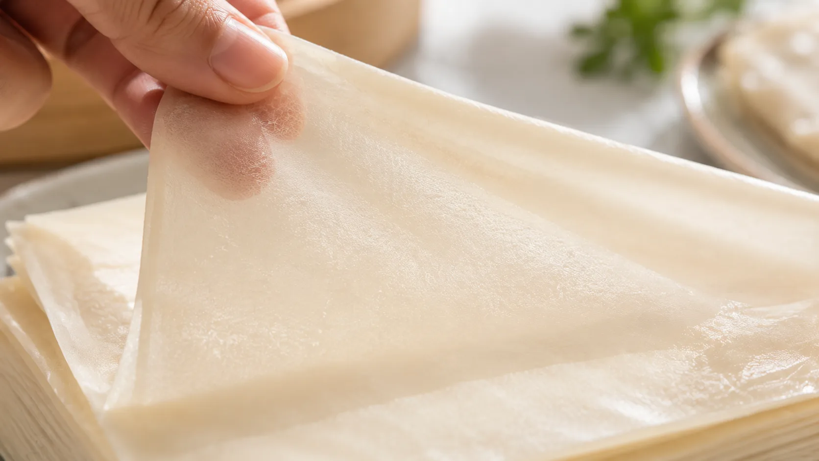 Cận cảnh lá bánh tráng bột mì mỏng dai spring roll pastry