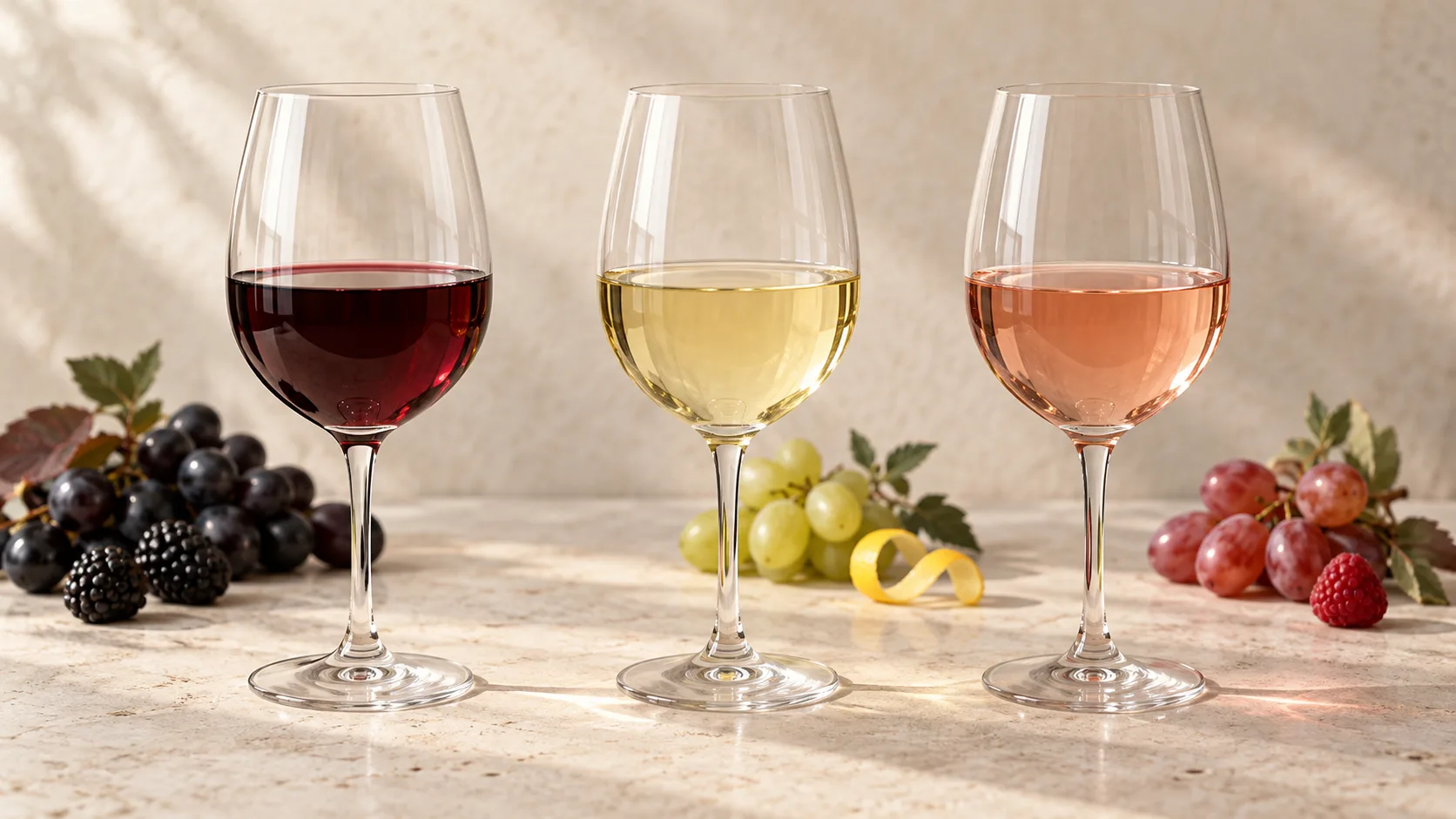 So sánh màu sắc và cảm giác của rượu vang đỏ trắng và rosé