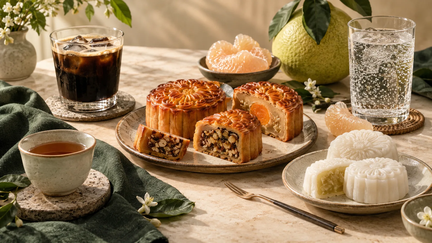Mooncakes paired with oolong tea, black coffee and sparkling water for Mid-Autumn Festival