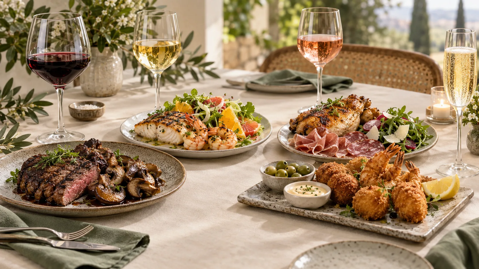 C&aacute;c nh&oacute;m m&oacute;n ăn ph&ugrave; hợp với vang đỏ vang trắng ros&eacute; v&agrave; vang sủi
