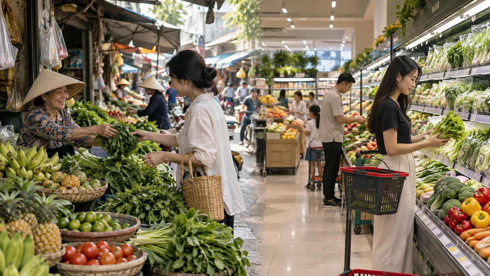 Traditional Vietnamese market and modern supermarket shopping comparison