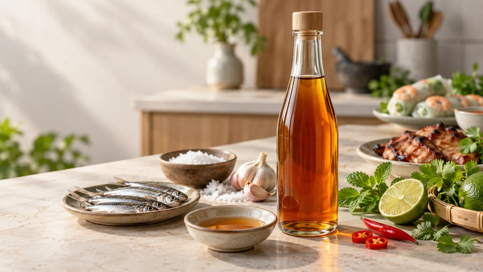 Vietnamese fish sauce with anchovies, sea salt, chili and lime for home cooking