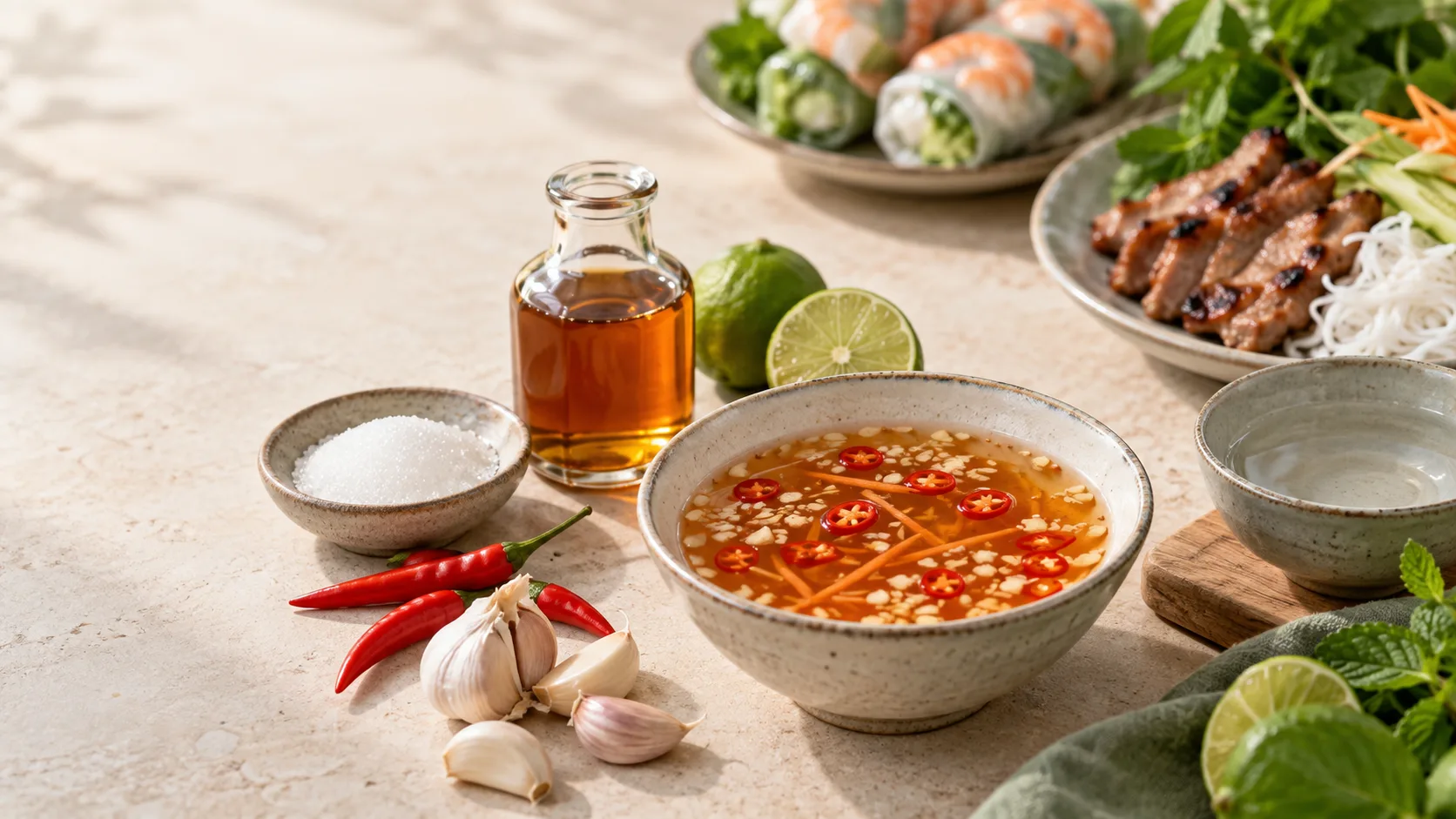 Vietnamese nuoc cham dipping sauce with fish sauce, lime, garlic, chili and sugar