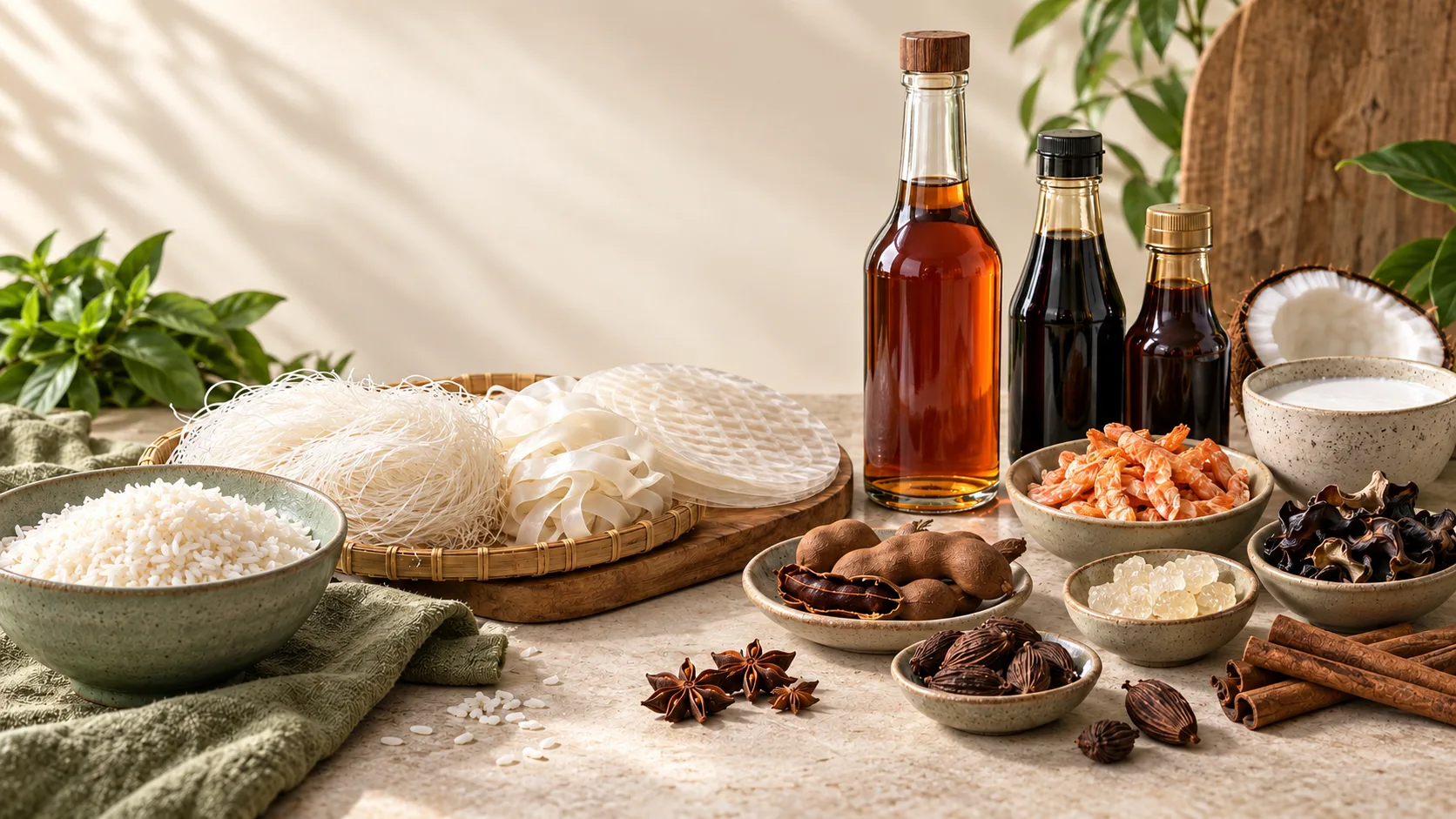 Vietnamese pantry essentials including fish sauce, rice, noodles, rice paper, dried shrimp and aromatic spices.