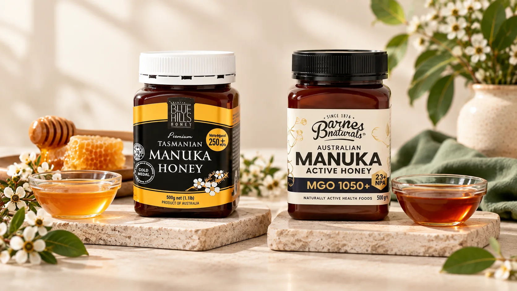 Barnes Manuka MGO 1050+ và Blue Hills Manuka MGO 250+ đặt cạnh nhau trên nền đá sáng