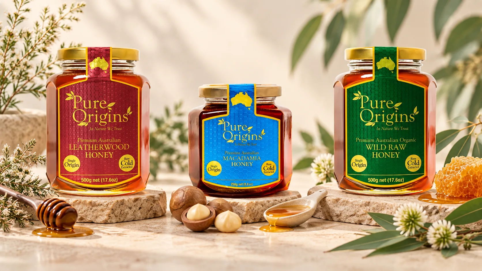 Wild Raw, Macadamia và Leatherwood Honey đặt cạnh ba chén mật ong trong bố cục tasting