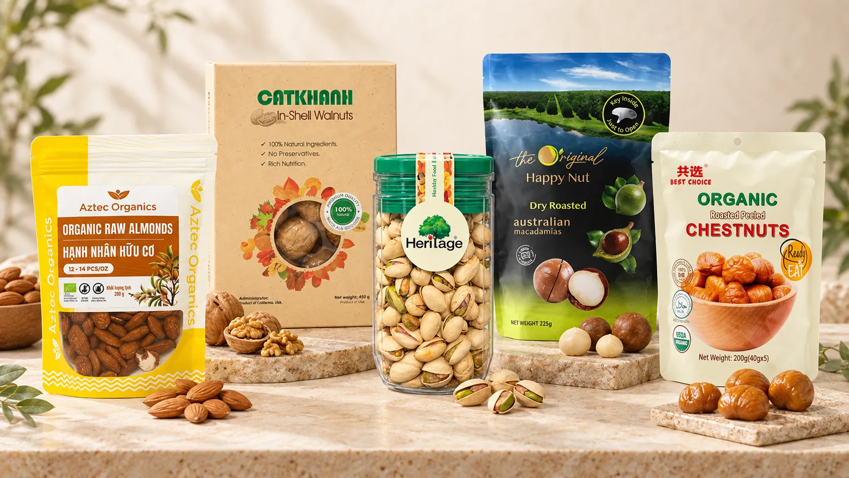 Năm sản phẩm hạnh nh&acirc;n, &oacute;c ch&oacute;, pistachio, mắc ca v&agrave; hạt dẻ nhập khẩu đặt tr&ecirc;n nền s&aacute;ng