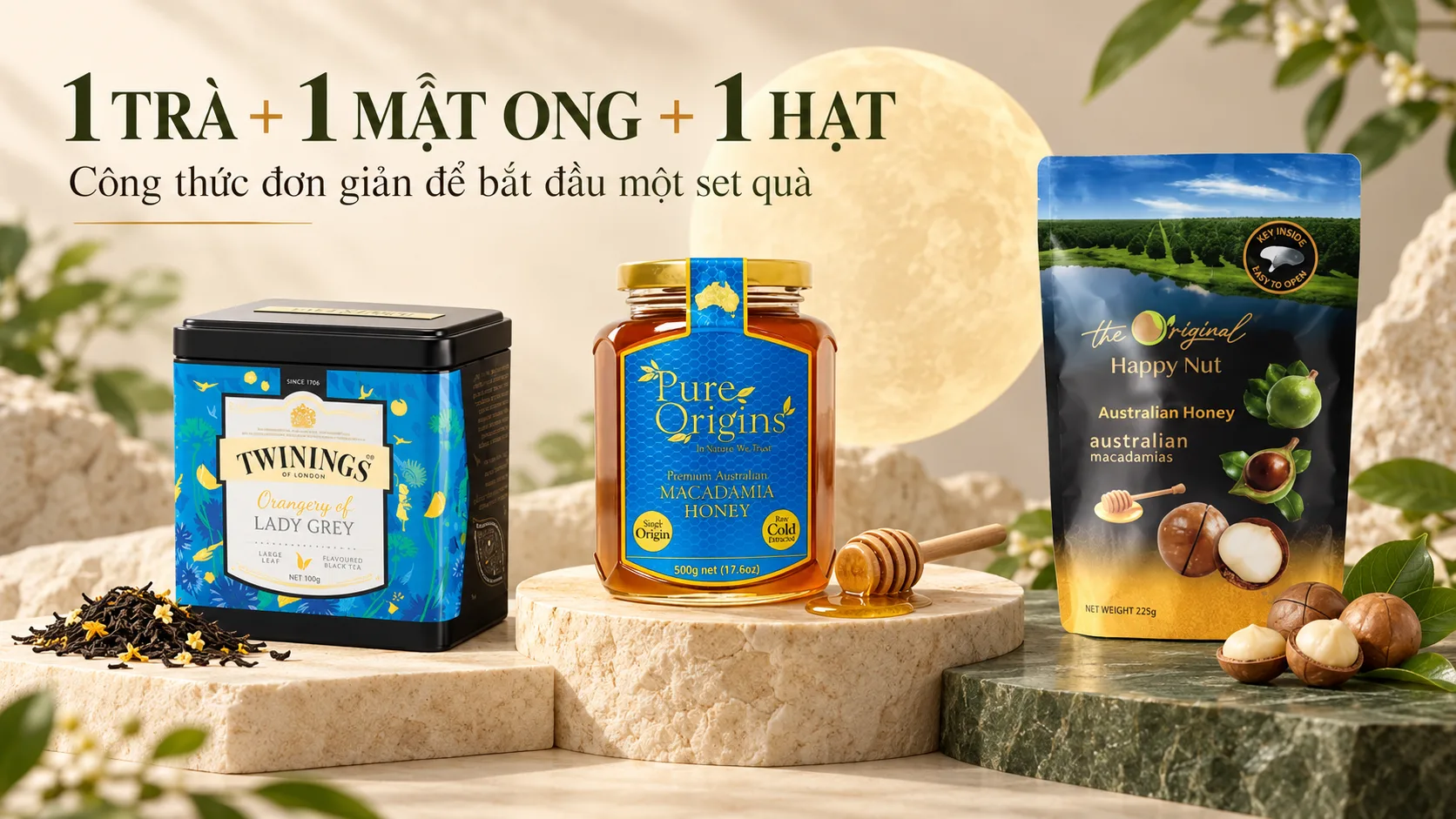 C&ocirc;ng thức set qu&agrave; Trung Thu gồm một loại tr&agrave;, một loại mật ong v&agrave; một loại hạt
