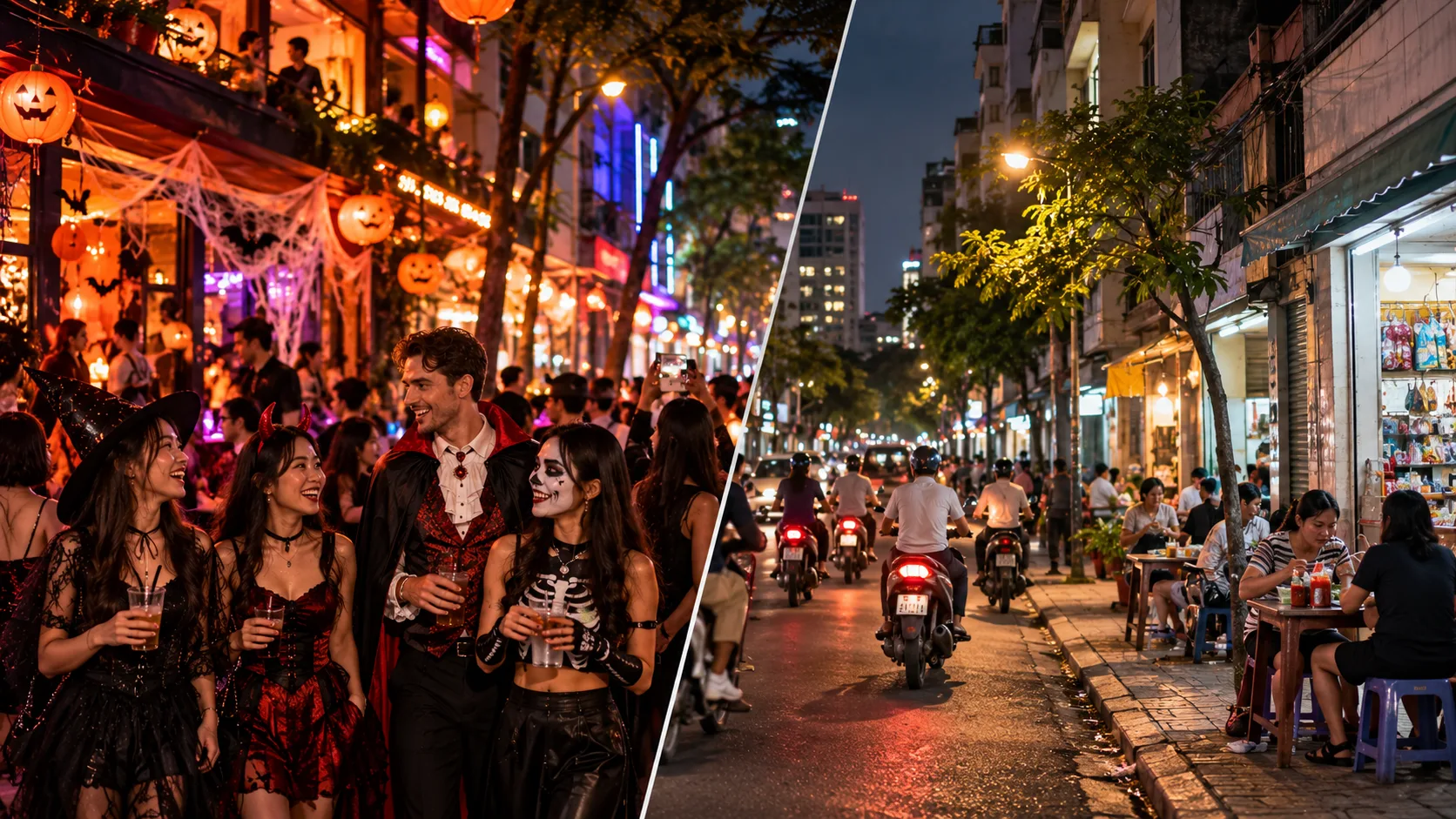 Contrast between a busy Halloween celebration area and an ordinary evening neighborhood in Ho Chi Minh City