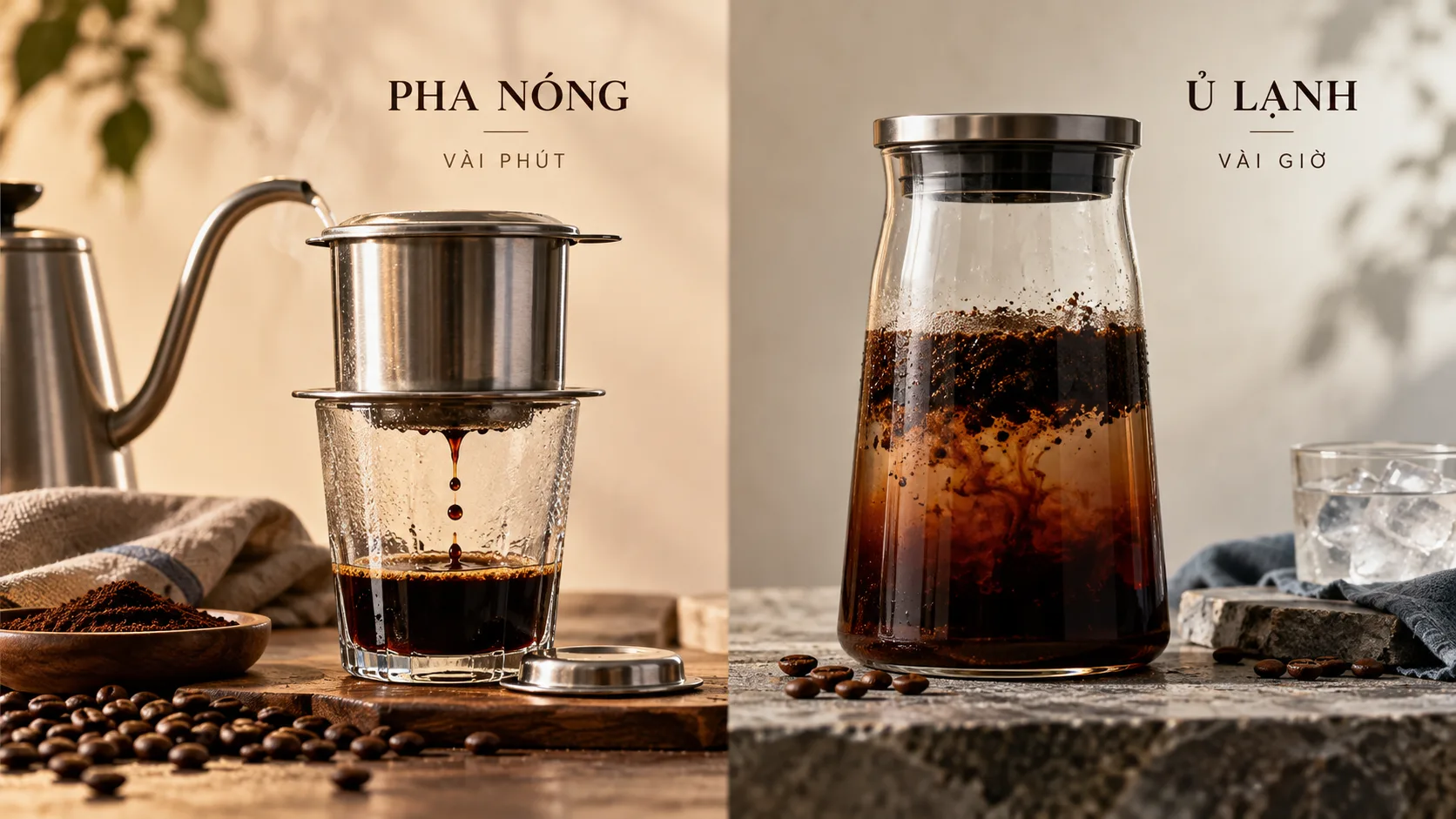 So s&aacute;nh c&agrave; ph&ecirc; pha n&oacute;ng bằng phin v&agrave; cold brew chiết xuất bằng nước lạnh trong nhiều giờ