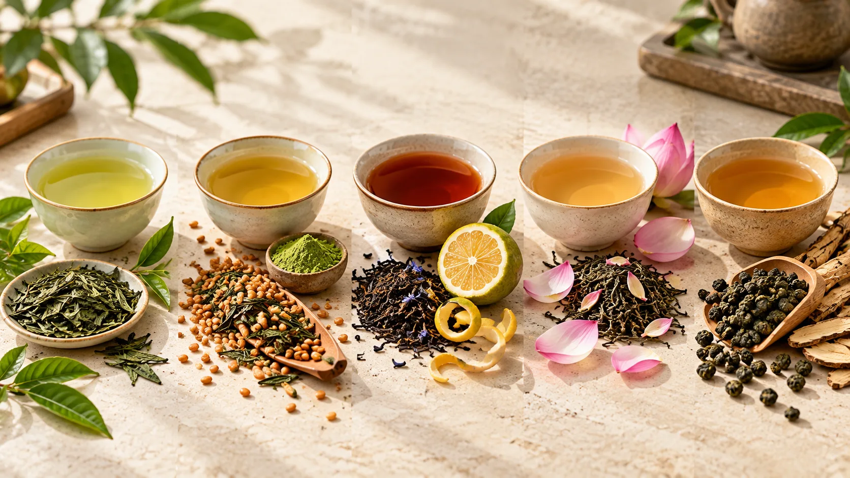 So sánh Sencha Genmaicha Earl Grey trà Shan hoa sen và ô long blend qua màu trà và nguyên liệu