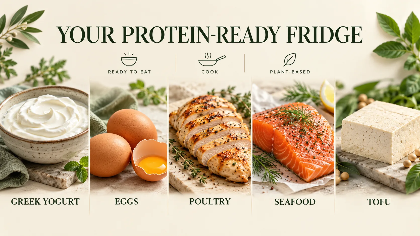 Năm nhóm thực phẩm giàu protein gồm Greek yogurt trứng thịt gia cầm cá hải sản và tofu