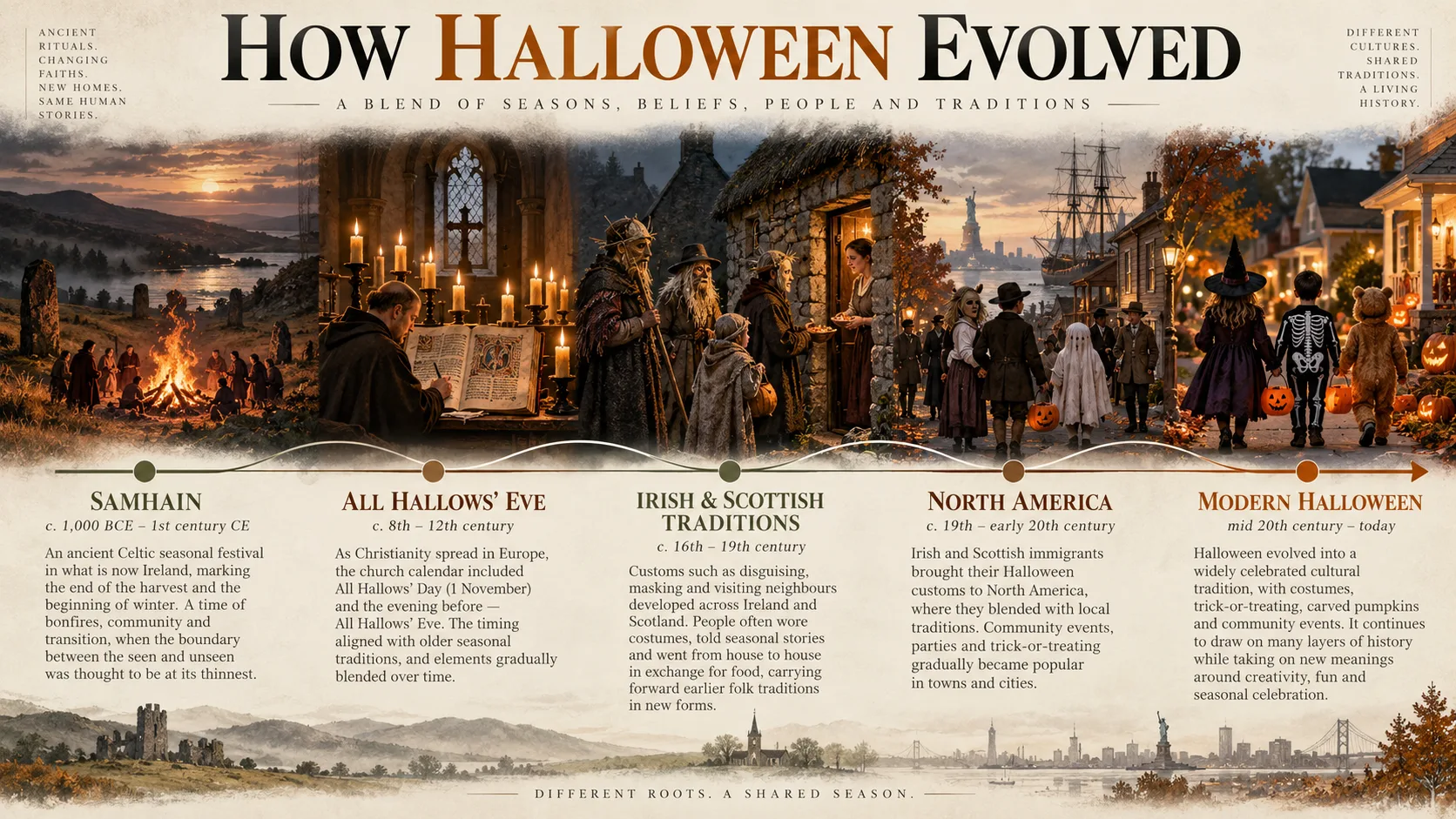 Dòng thời gian cho thấy nhiều lớp lịch sử góp phần hình thành Halloween hiện đại