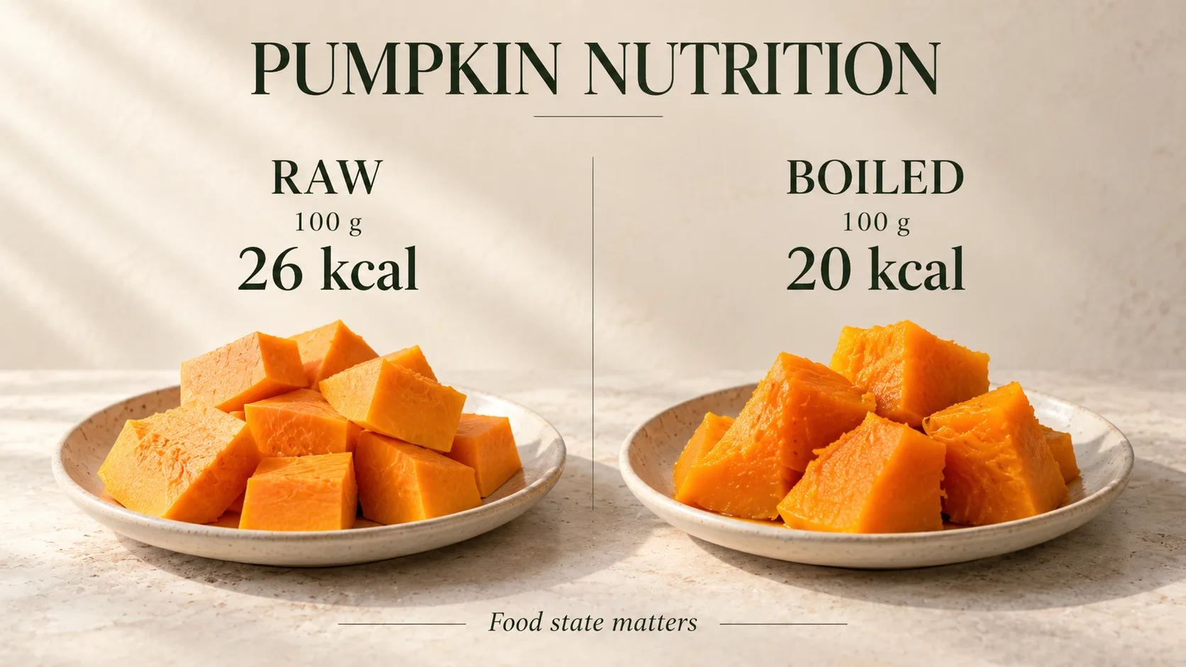 Comparison of 100 g raw pumpkin and 100 g boiled pumpkin showing 26 and 20 calories respectively