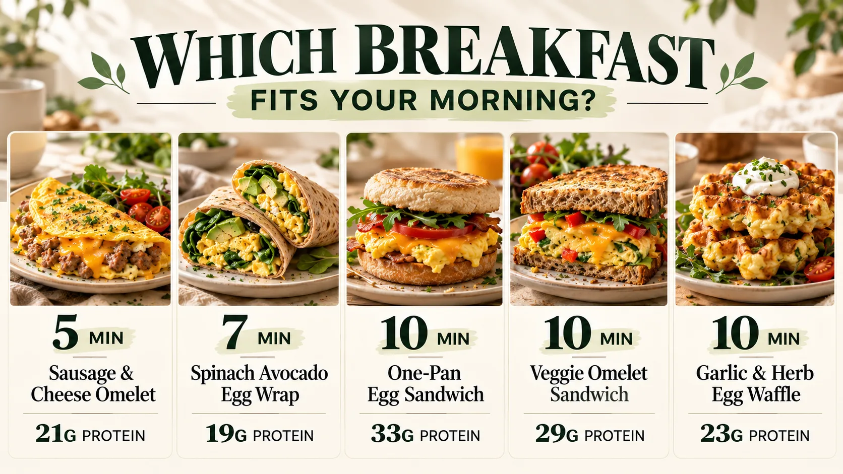 So sánh 5 món trứng theo tổng thời gian chuẩn bị và lượng protein mỗi khẩu phần