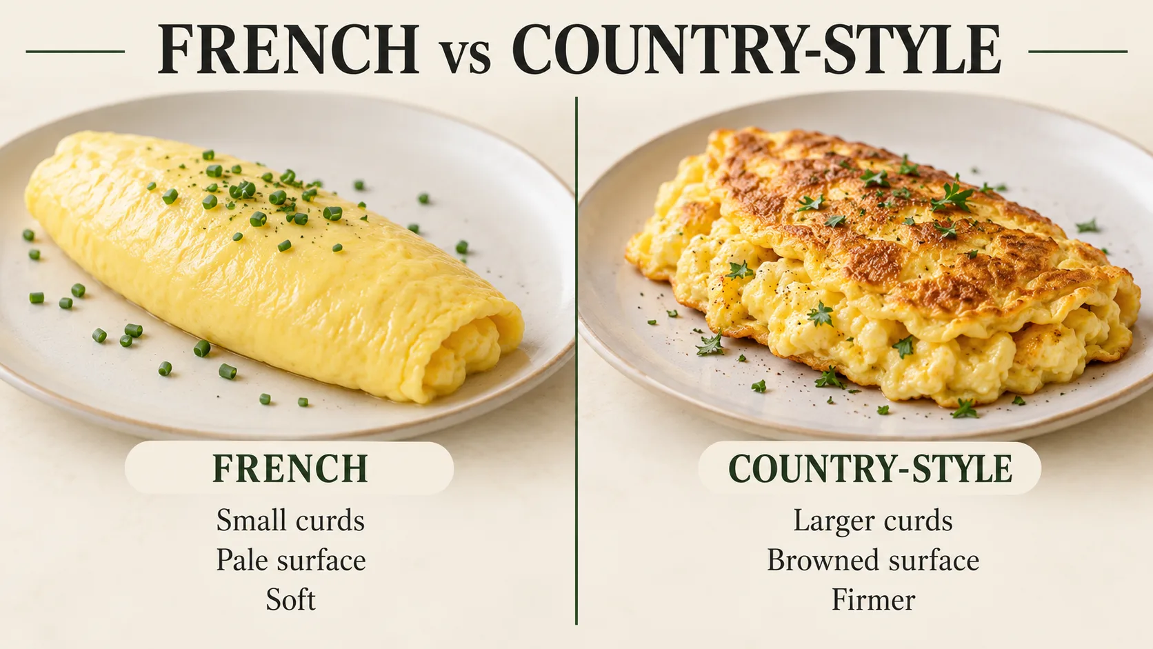 So s&aacute;nh omelette kiểu Ph&aacute;p mềm m&agrave;u v&agrave;ng nhạt với omelette kiểu mộc mạc c&oacute; bề mặt v&agrave;ng n&acirc;u