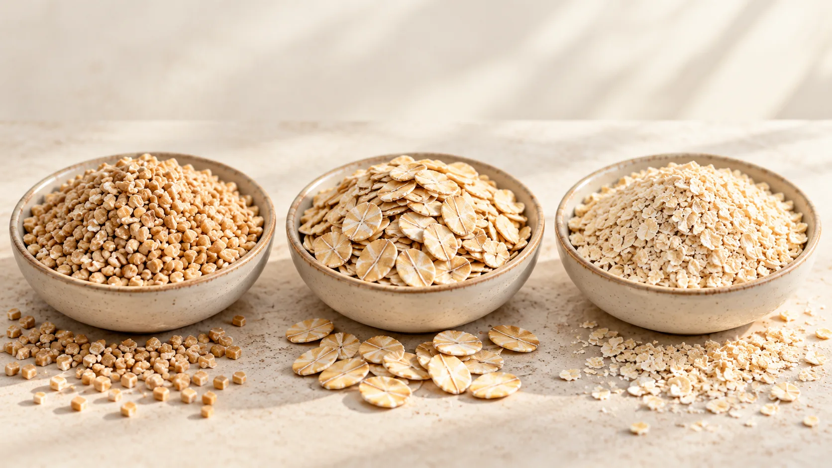 So sánh hình dạng yến mạch steel-cut oats rolled oats và instant oats khi còn khô