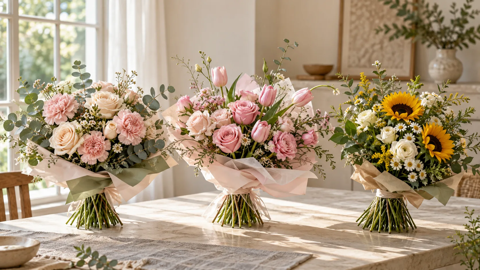 Ba kiểu bó hoa gồm cẩm chướng hoa hồng và hướng dương để lựa chọn làm quà tặng ngày 20/10