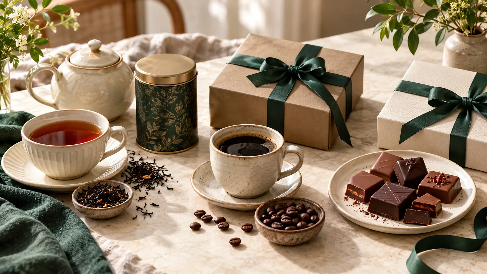 Ba phong cách quà tặng thanh lịch gồm trà, cà phê và chocolate được bày trí trên bàn đá màu kem