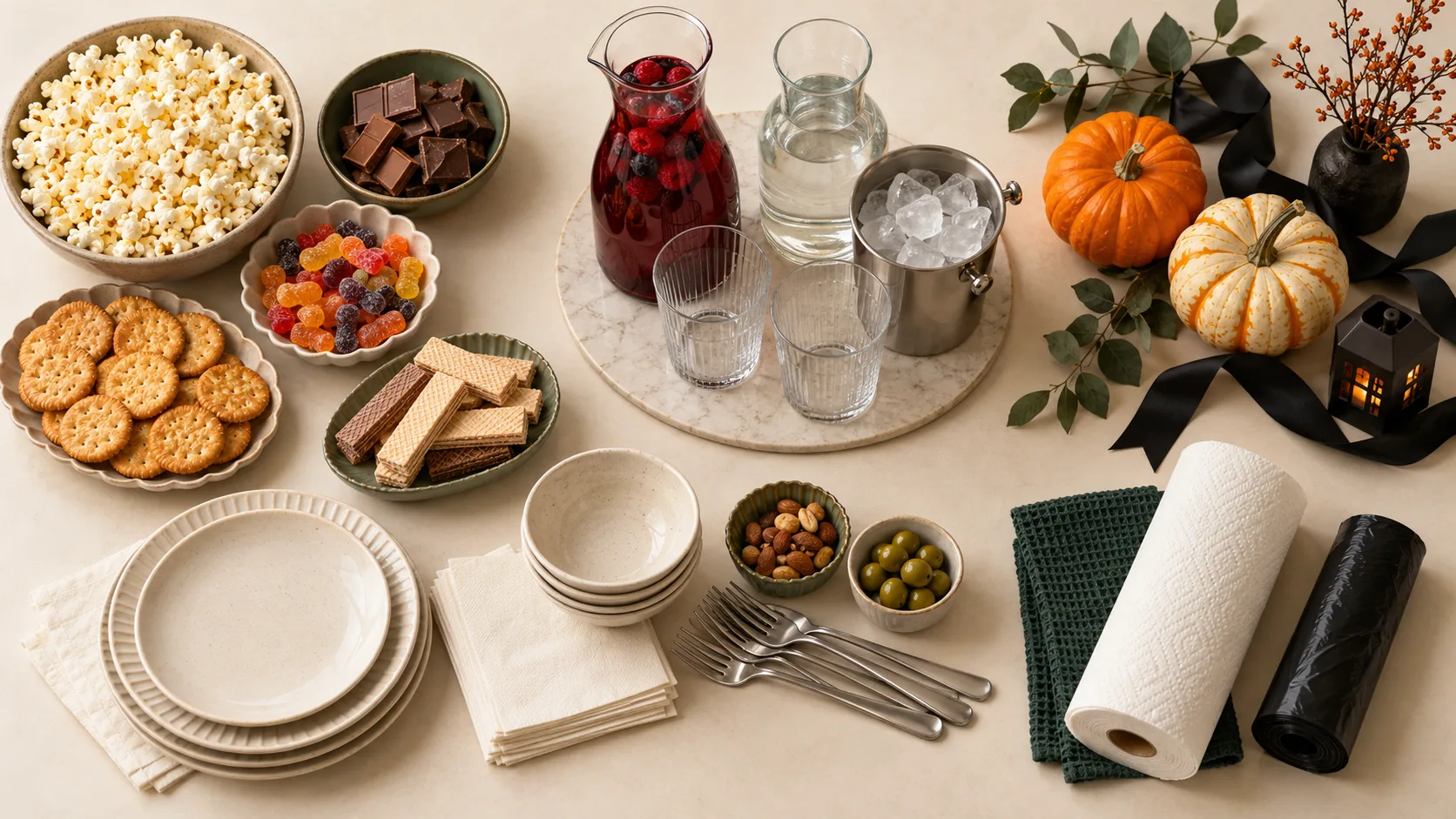 Halloween party shopping essentials including snacks, drinks, cups, napkins, decorations and cleanup supplies