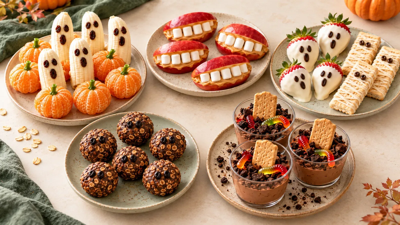 Overview of five easy no-bake Halloween snacks for kids arranged on separate plates, from fruit ghosts to chocolate oat bites and yogurt cups