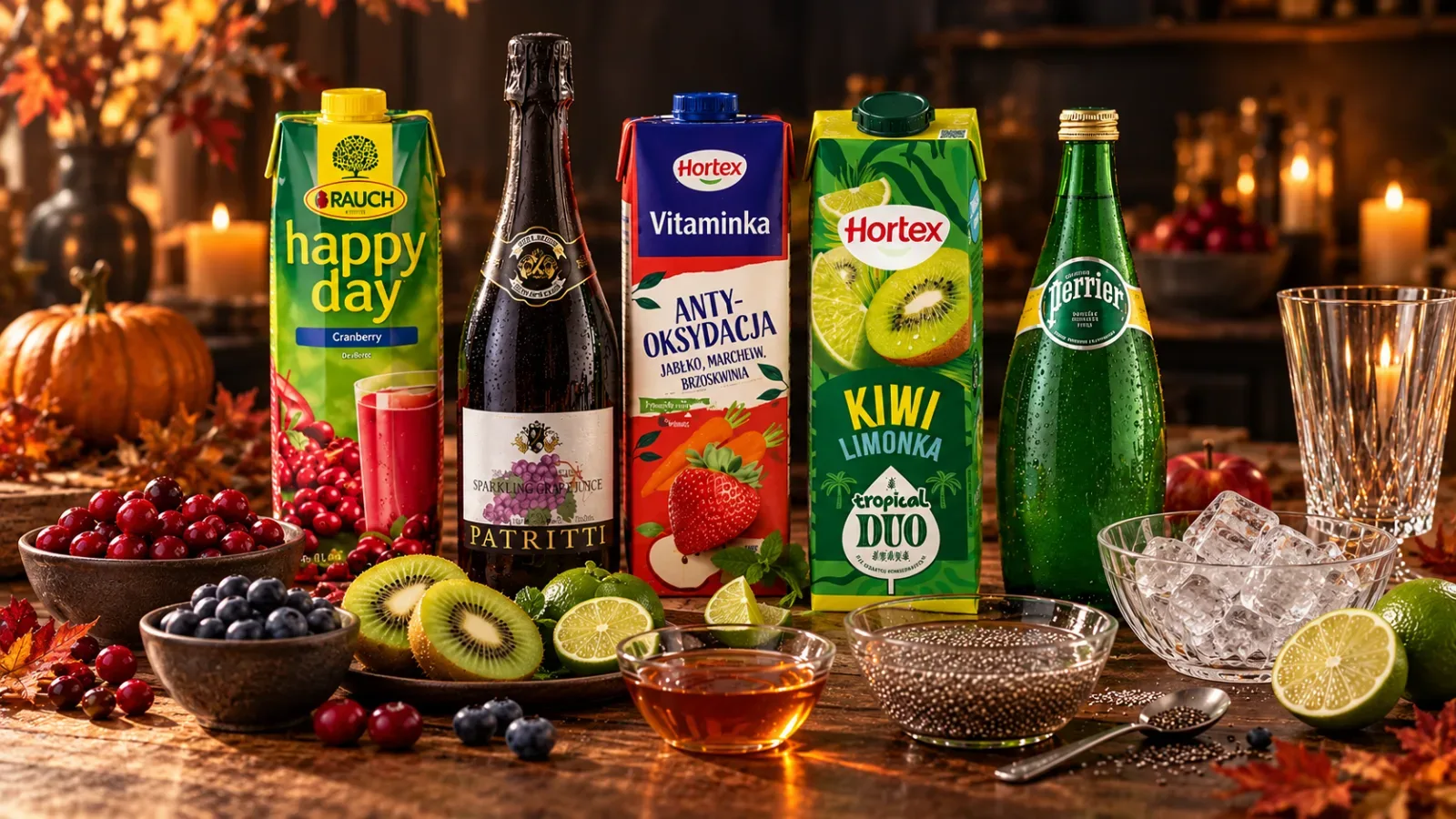 C&aacute;c loại nước &eacute;p tr&aacute;i c&acirc;y Rauch, Patritti, Hortex v&agrave; nước kho&aacute;ng Perrier d&ugrave;ng pha mocktail Halloween tại nh&agrave;