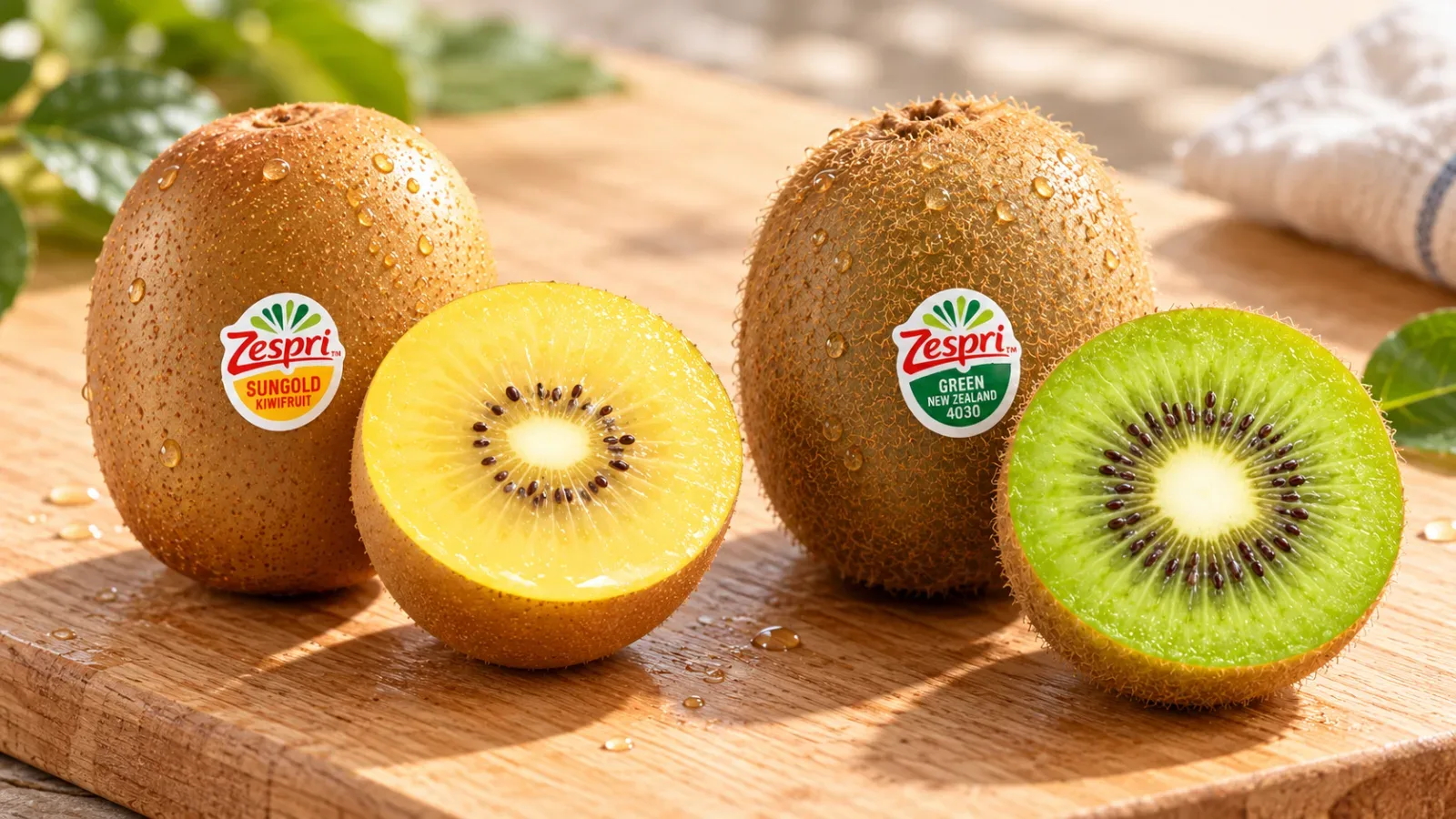 Alt text: So sánh lớp vỏ ngoài và mặt cắt ruột bên trong giữa kiwi vàng và kiwi xanh tươi