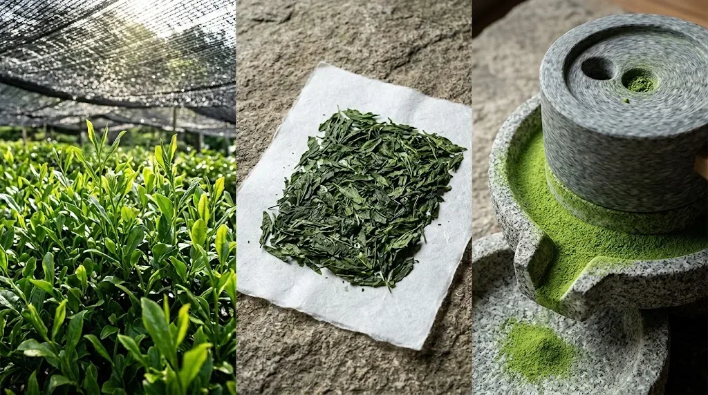 Quy trình 3 bước tạo nên bột matcha Nhật Bản: búp trà non che nắng Ohishita từ 2 đến 3 tuần, lá trà tencha sấy phẳng tách bỏ gân cuống và nghiền mịn trên cối đá granite