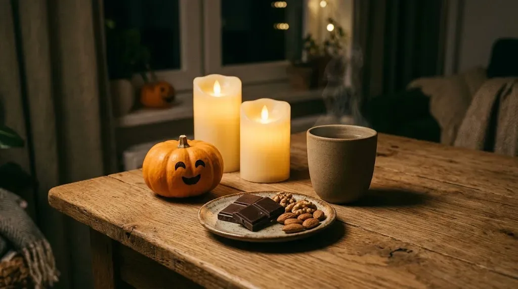 Góc đón Halloween tại nhà ấm cúng không cần hóa trang với bí ngô mini vẽ mặt ma, nến LED, trà ấm và chocolate