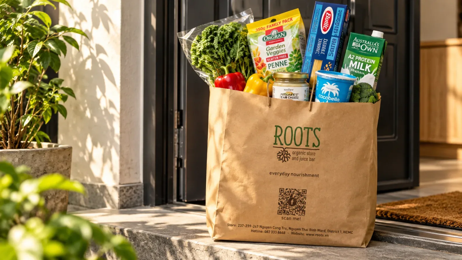 A ROOTS paper grocery bag filled with specialized dietary foods delivered to an apartment door in Ho Chi Minh City.
