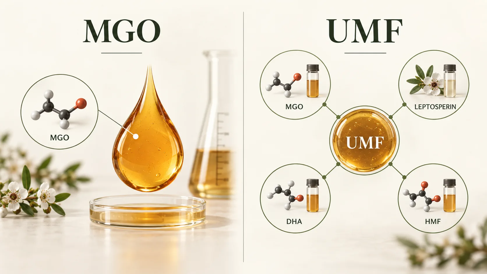 Infographic phân biệt MGO với hệ thống UMF gồm MGO, leptosperin, DHA và HMF