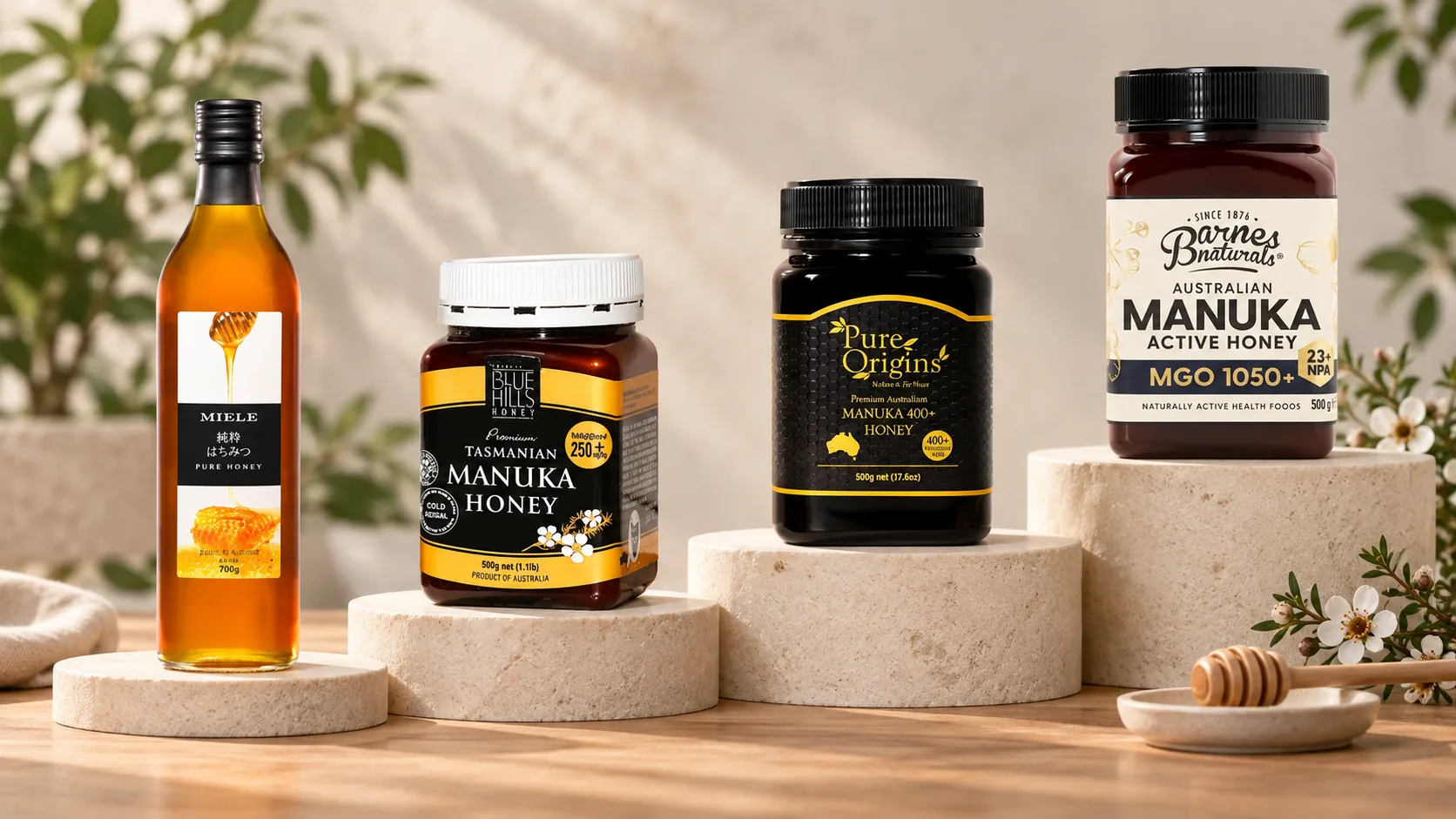 MIELE Pure Honey và ba cấp mật ong Manuka MGO 250+, 400+ và 1050+ được so sánh theo phân khúc