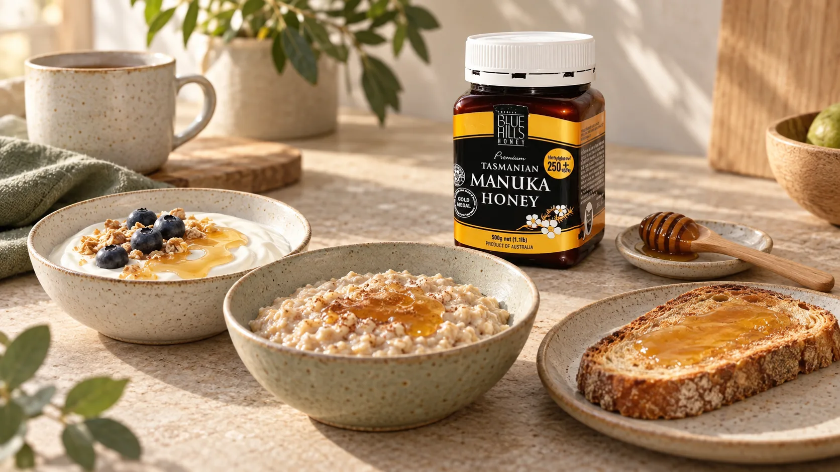 Mật ong Manuka được dùng cùng yogurt, yến mạch và bánh mì trong khẩu phần hằng ngày