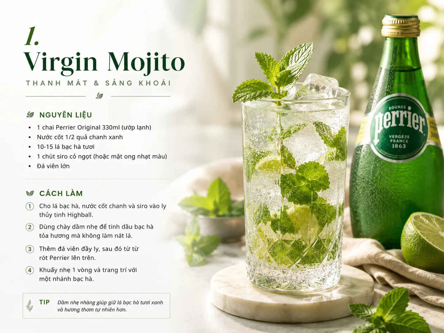 C&ocirc;ng thức pha chế Virgin Mojito the m&aacute;t với nước kho&aacute;ng Perrier.]