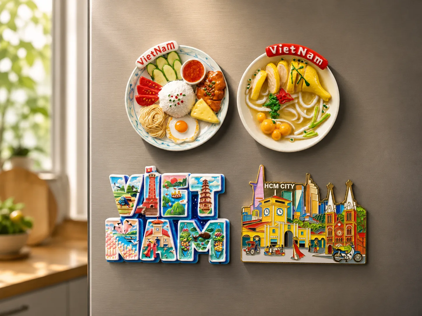 Vietnamese fridge magnets with traditional food (Pho, Banh Mi) and Saigon landmarks.