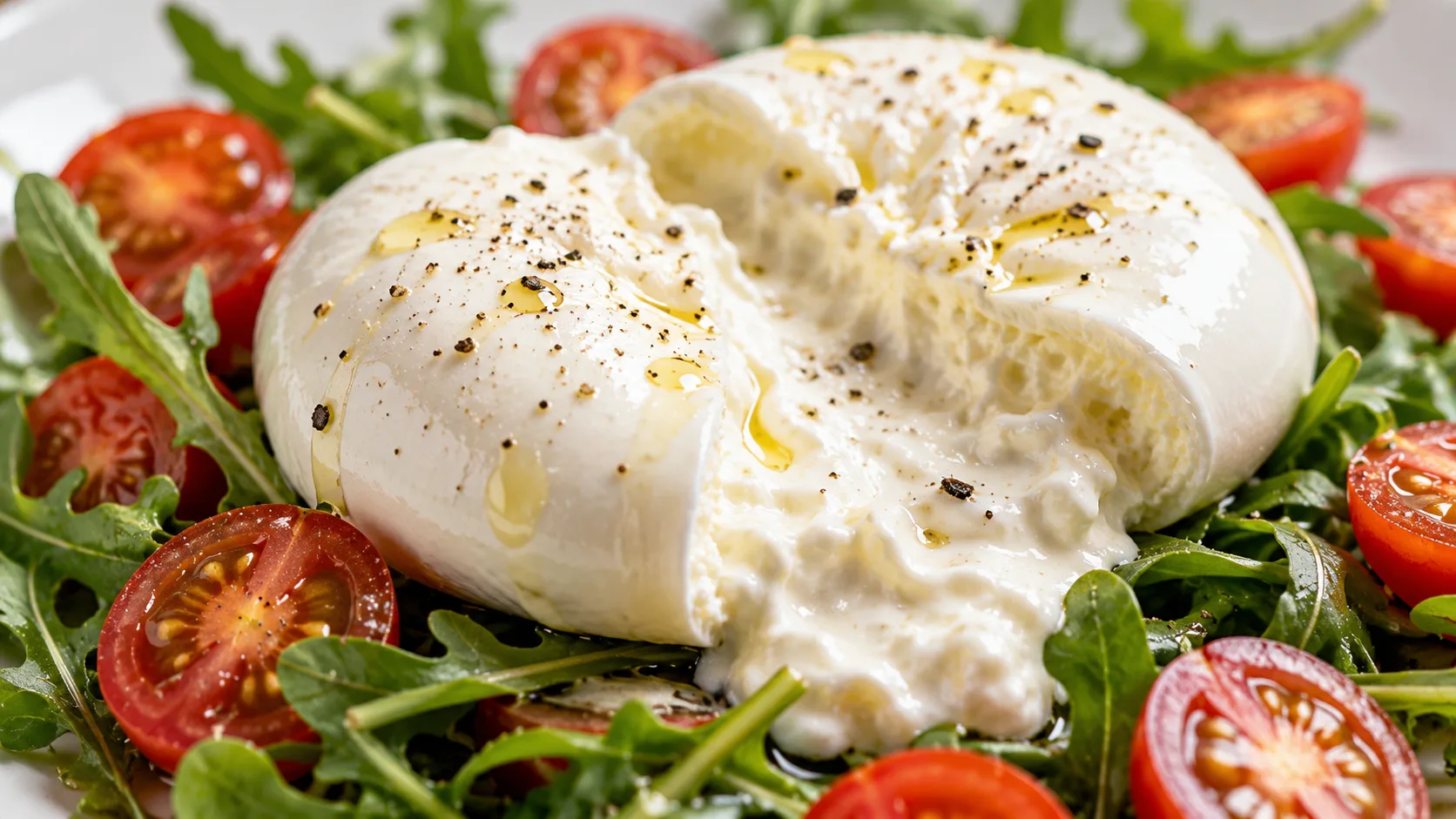 Phô mai Burrata tươi cắt đôi chảy kem béo ngậy ăn kèm cà chua và rau rocket