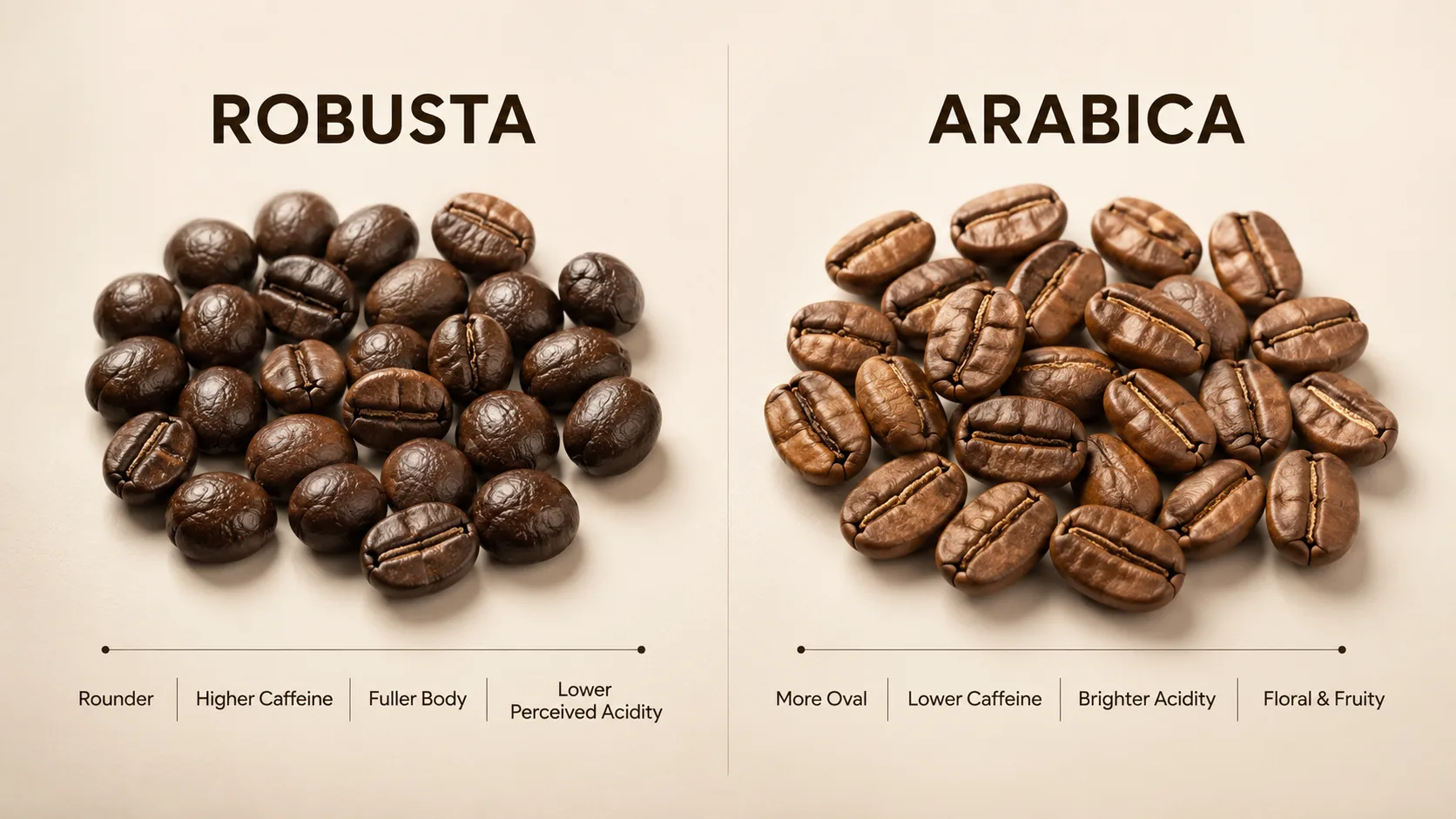 Visual comparison between dark-roasted Vietnamese Robusta beans on the left and medium-roasted Arabica beans on the right