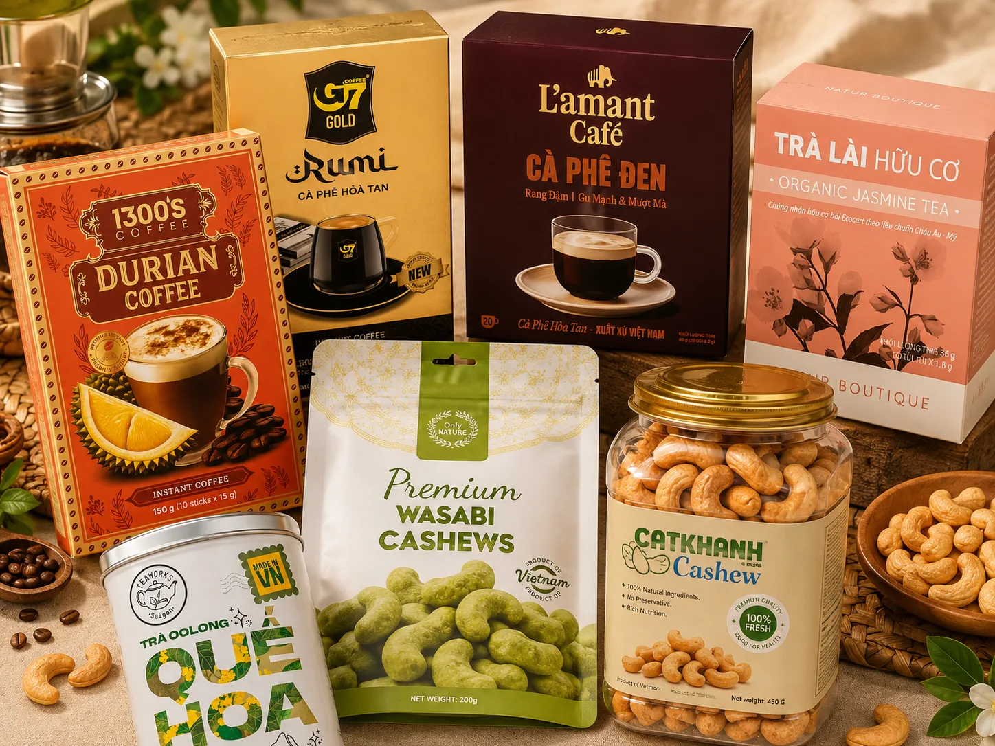 Vietnamese coffee, tea and cashews packaged as traditional Vietnamese food gifts.
