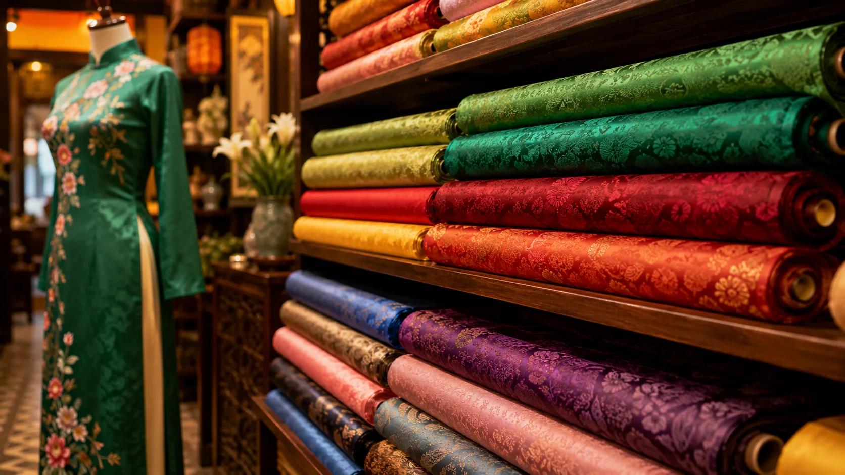 Colorful rolls of traditional Vietnamese silk fabric for making custom Ao Dai in a local tailor shop