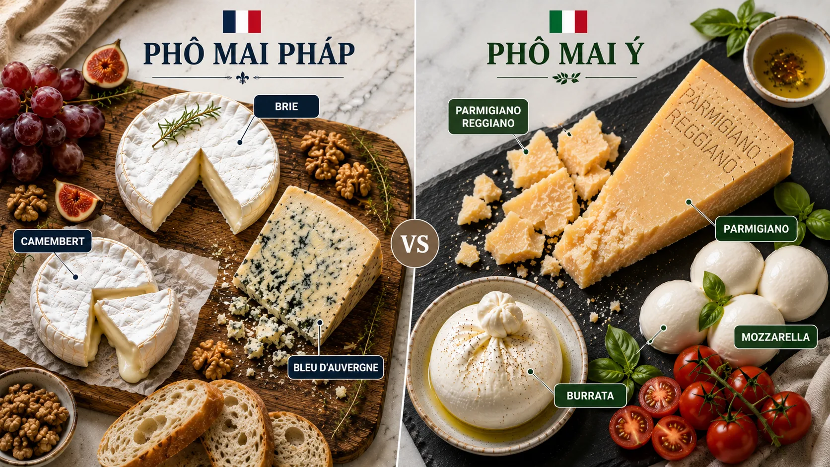 So sánh đặc điểm các loại phô mai Pháp và phô mai Ý nổi tiếng