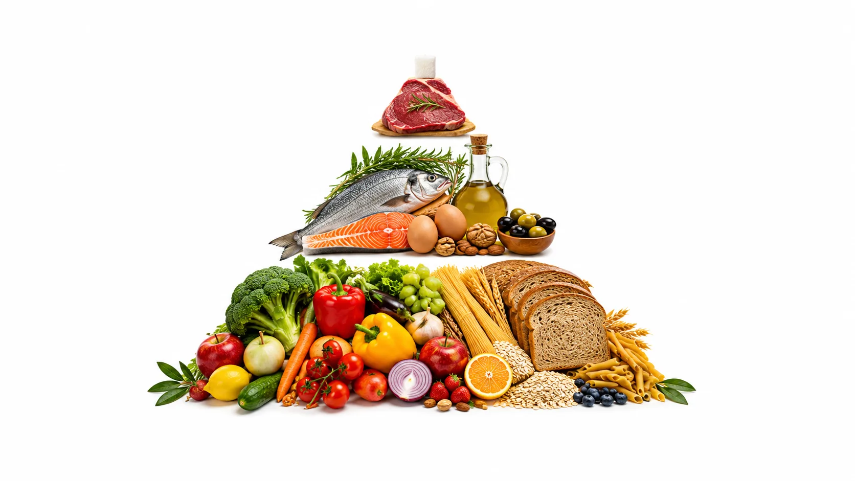 Đồ họa Kim tự tháp dinh dưỡng Địa Trung Hải phân chia các nhóm thực phẩm
