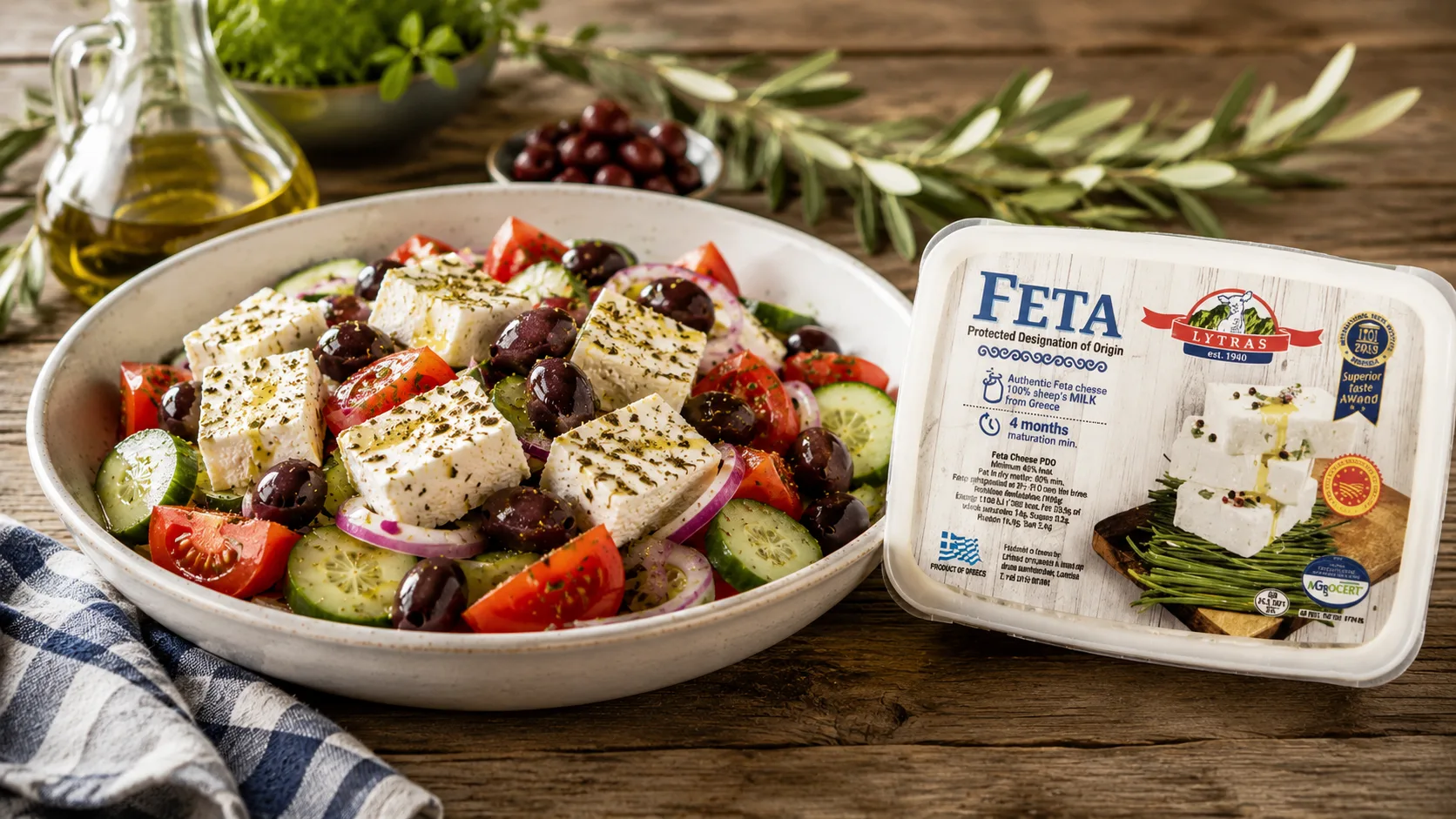 Salad Hy Lạp Greek salad chuẩn vị với ph&ocirc; mai Feta v&agrave; quả &ocirc; liu đen nguy&ecirc;n hạt