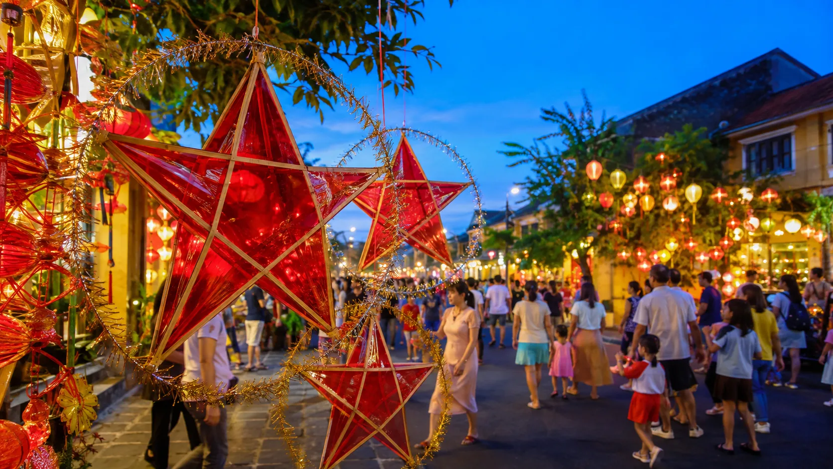 Traditional star-shaped lanterns during the Vietnamese Mid-Autumn Festival.