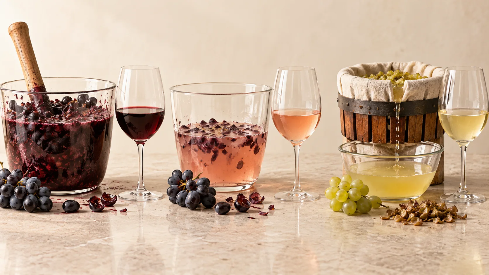 Sự khác nhau giữa vang đỏ trắng và rosé dựa trên thời gian tiếp xúc với vỏ nho