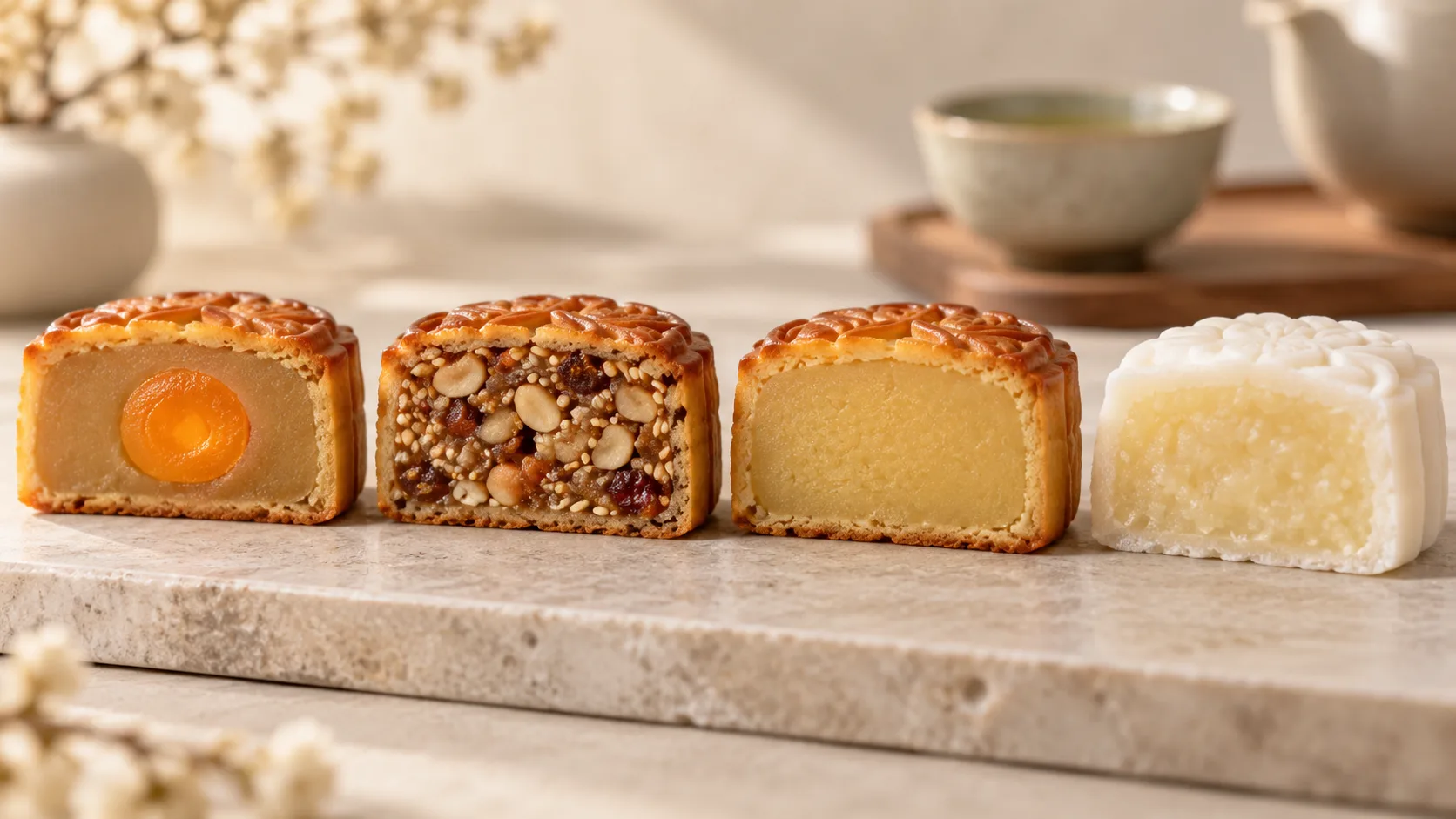 Traditional mooncake fillings including lotus seed salted egg yolk mixed nuts and mung bean