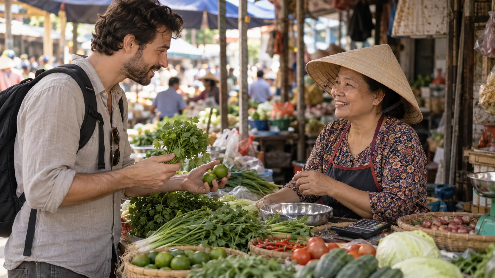 Shopper politely bargaining with a vendor at a Vietnamese market