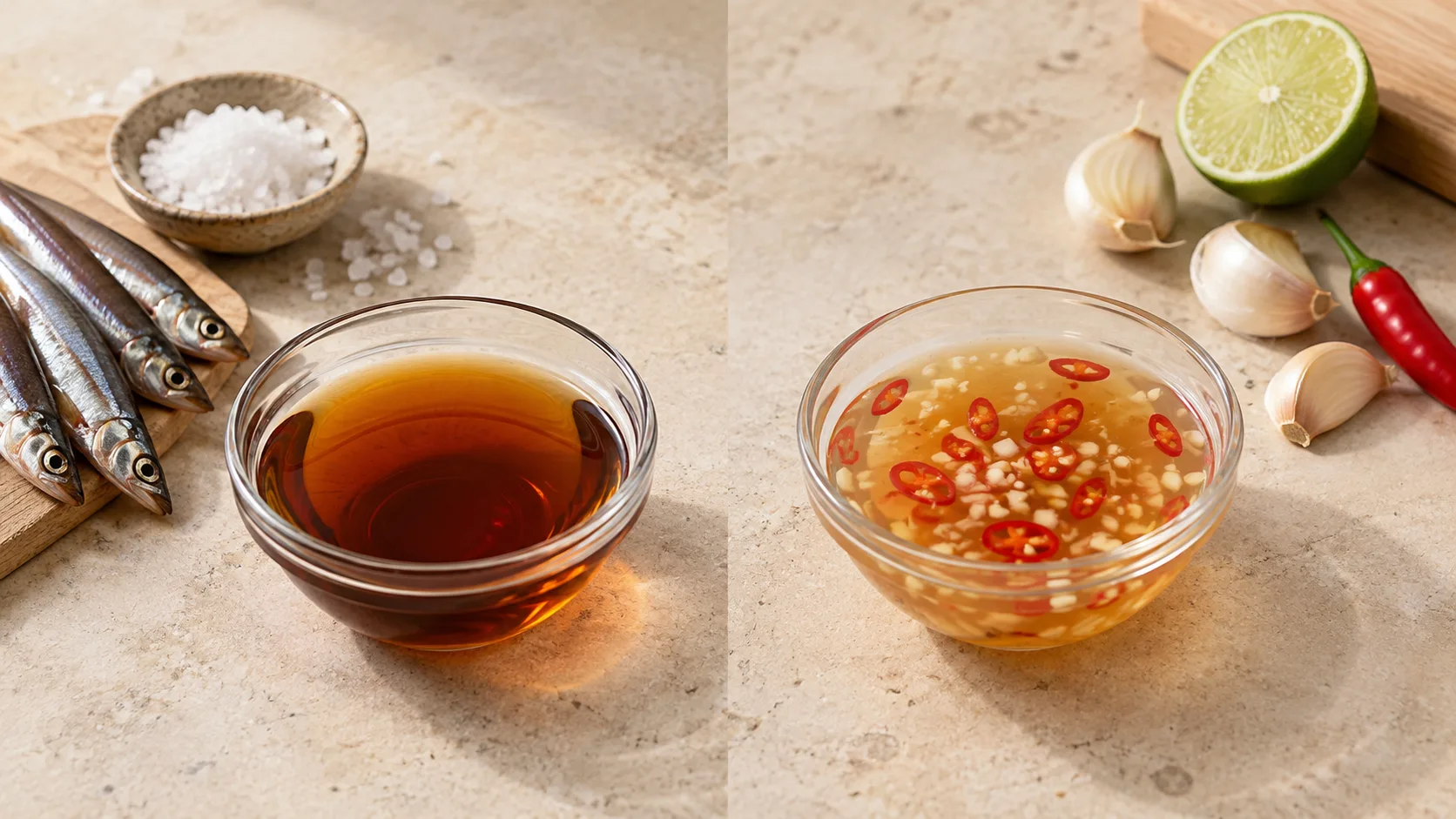 Pure Vietnamese fish sauce compared with prepared nước chấm dipping sauce